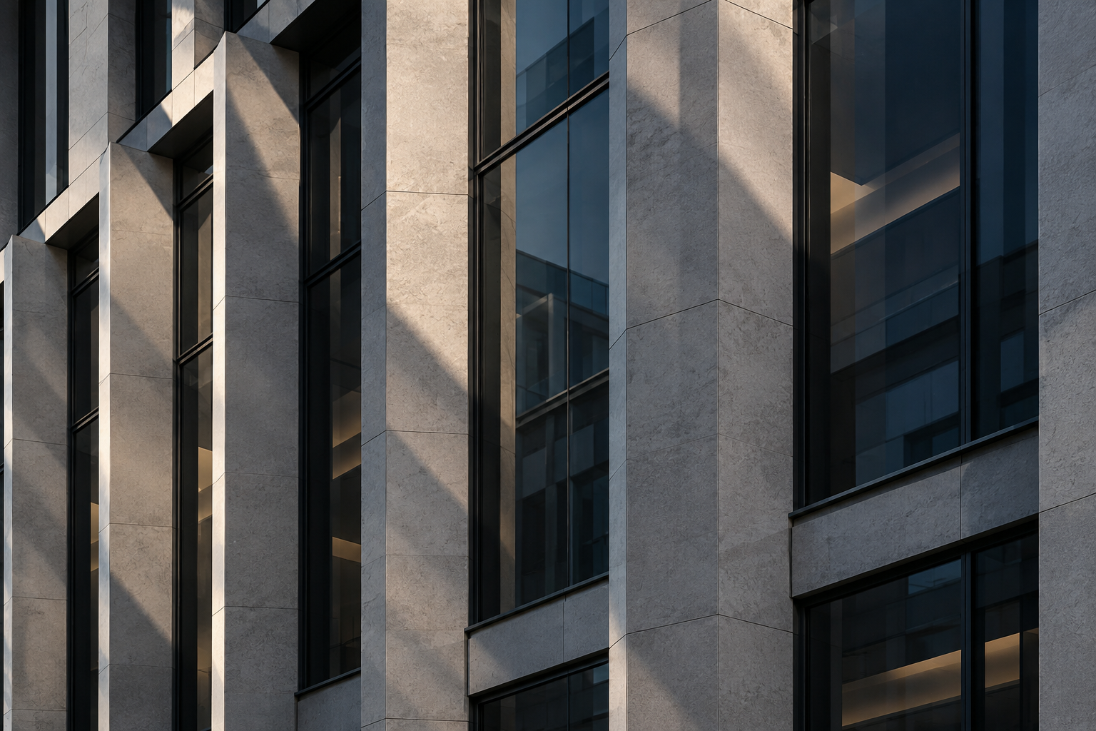 Modern stone and glass architecture in directional light